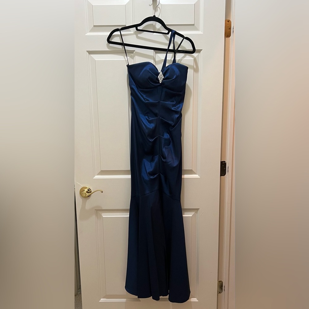 Xscape blue mermaid gown with one shoulder strap and beaded front size 12